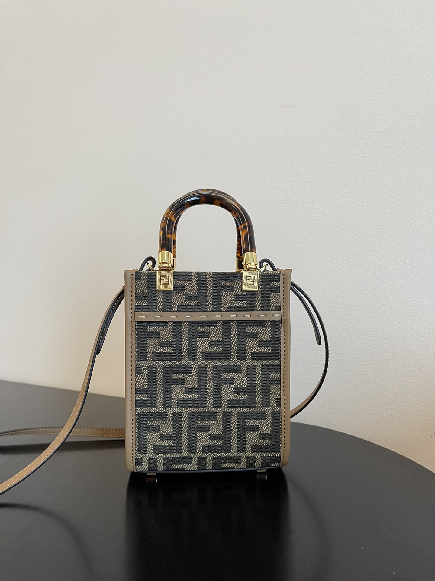 Fendi Mini Sunshine Shopper Brown FF Jacquard Fabric Bag